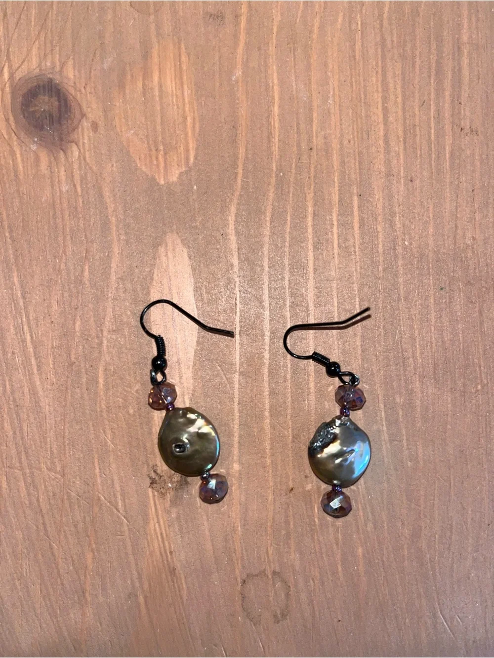 Bronze coin pearl earrings handmade ooak crystal genuine black wire handmade new